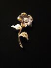 Lovely Vintage Nolan Miller Gold Tone and Enamel Flower Brooch With Rhinestone's
