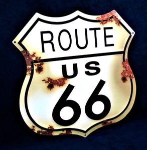 14" ROUTE 66 Escudo Oxidado LG -*HECHO EN EE. UU.* Letrero de Metal en Grabado - Barra de Garaje Cueva Hombre - Imagen 1 de 9