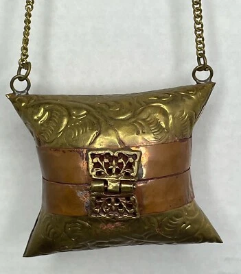 Vintage Copper And Brass Pillow Purse With Purple Velvet Liner Edwardian - Image 1 of 4