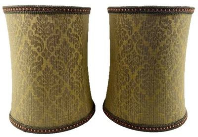 "Par de pantallas de lámpara de tambor damasco jacquard dorado brocado tapa blanda 12"" x 10"" usadas en excelente estado" Foto 1 de 4