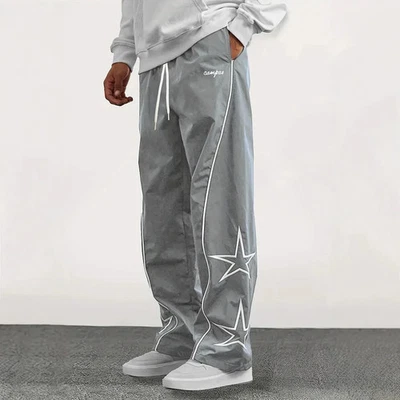 Y2K Streetwear Track Pants  Washed Joggers W/Reflective Stripes and Star Design - Image 1 of 4
