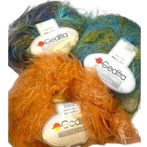 3 skeins Gedifra TECNO HAIR LUNGO Eyelash Yarn | Purple, Green, Orange - Picture 1 of 8