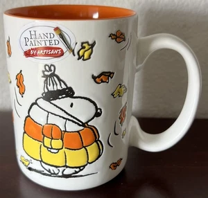 Peanuts 2025 Snoopy in Candy Corn Puffer Jacket Fall Leaves Allover 16 oz Mug - Picture 1 of 5