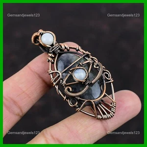 Copper Oval Iolite Sunstone Gemstone Rainbow Moonstone Birthday Pendant Jewelry - Picture 1 of 6