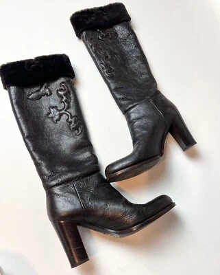 Prada Womens 35 Shearling Leather Boot Fleur De Lis Fold Over Espresso Italy Vtg - Image 1 of 3