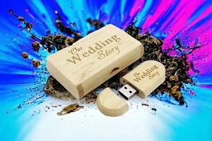 Caja de madera de 16 GB 3,0 USB fotos de boda grabadas como imágenes (nuestra historia de boda} - Imagen 1 de 12