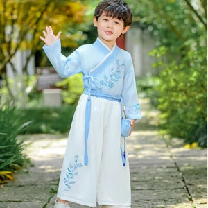 Niños Niños Traje Hanfu Prenda para el torso y Pantalones Bordados Bolso con Cordones Borla Chino Retro - Imagen 1 de 10
