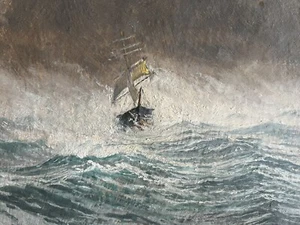 🔥Lovely Antique 8 x 11.5 Oil Painting Ship In Storm Tossed Sea Signed Unframed - Picture 1 of 10