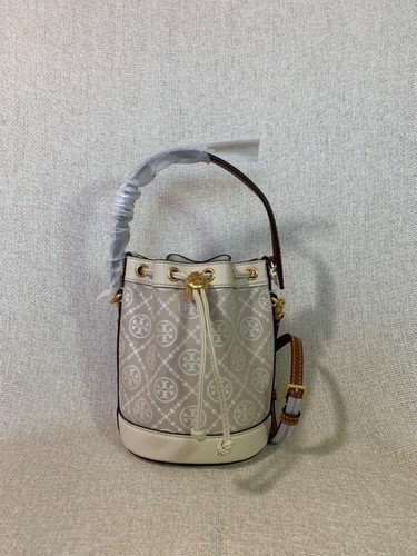 NUOVO Tory Burch T Monogram Jacquard MINI secchiello borsa con coulisse beige mandorla