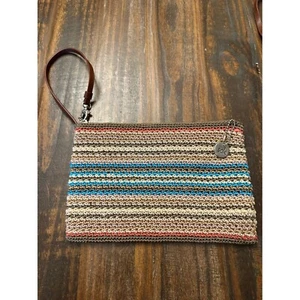 The Sak Crochet Zip Top wristlet Bag Striped Neutral Colors - Picture 1 of 11