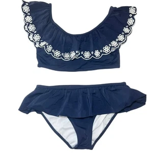 Janie and Jack Eyelet Ruffle 2-Piece Swimsuit Navy & White Girls 12 Nautical - Picture 1 of 8