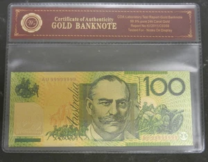 Australian 100 Dollar Gold Banknote Plated With Pure 24K Gold +COA - Imagen 1 de 6