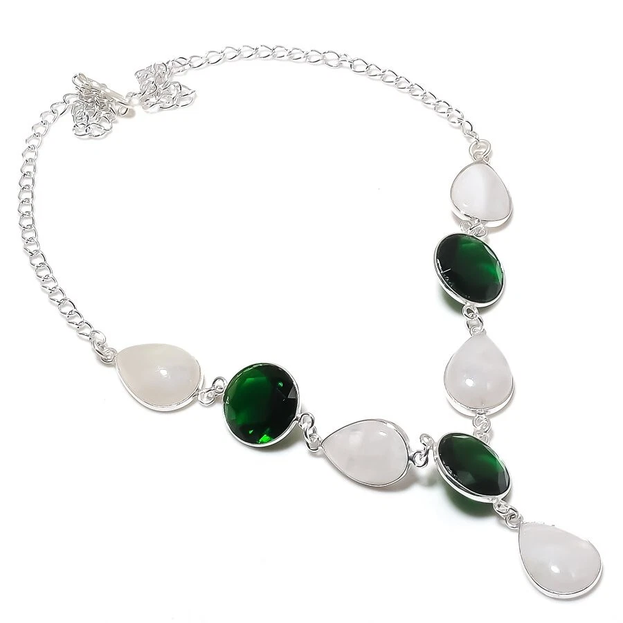 Collar de joyería de plata de ley 925 con piedras preciosas de luna y diopsido tamaño 18" Foto 1 de 1