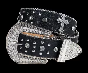 Men Women Western Fashion Black Bling Bling Rhinestones Crystal Diamond Belt - Picture 1 of 5