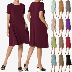 TheMogan Short Sleeve Boat Neck Knee Length Pocket A-Line Swing T-Shirt Dress - Picture 1 of 157
