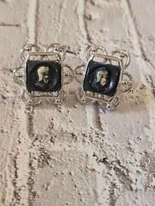 Vintage Swank Black & Silver Cameo Cuff Links - Picture 1 of 3