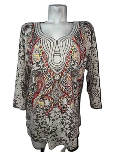 JM COLLECTION Top Damen Gr. XL beige rot rosa Perlenausschnitt 3/4 Arm Shirt - Bild 1 von 6