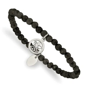 Stainless Steel Polished Angel Black Jade Beaded Stretch Bracelet - Picture 1 of 3