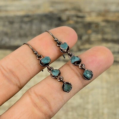 Aquamarine Rough Copper Bestie Gift Electroformed Drop/Dangle Earrings 1.77" - Image 1 of 4