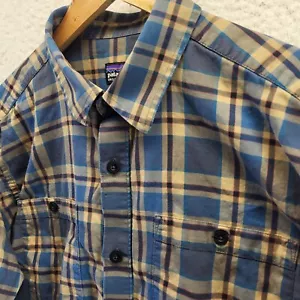 Patagonia Mens Medium Fjord Flannel Long Sleeve Shirt Plaid Blue Organic Cotton - Picture 1 of 20