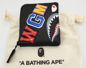 Authentic Bathing Ape Babe Shark Mini Wallet Black Synthetic Leather Japan New - Picture 1 of 9