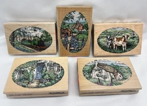 Stampendous! Etching - Lot Of 5 Rubber Stamps Train Cows Cottage Garden Farm New - Picture 1 of 7