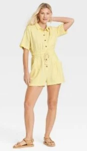 New Universal Thread Button Up Butter Yellow Short Sleeve Romper Medium - Picture 1 of 8