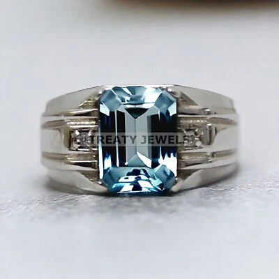 Piedras preciosas de aguamarina talla esmeralda con anillo de plata de ley 925 para hombre #167 * Foto 1 de 4
