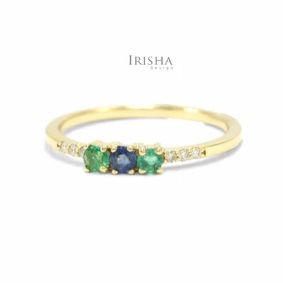 14K GOLD GENUINE DIAMOND EMERALD AND BLUE SAPPHIRE GEMSTONE WEDDING RING - Image 1 of 4