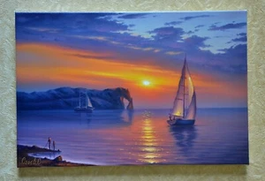 Paesaggio marino dipinto olio su tela,arte murale,"Scogliere di Etretat" - Foto 1 di 11
