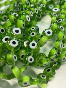 Green Evil Eye Glass Beads Size 8mm Flat Strands discs round Cuentas mal de ojo - Picture 1 of 5