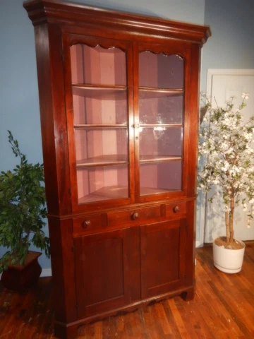 Antique Corner Cupboard Cabinet Walnut Divided Glass Door Cover