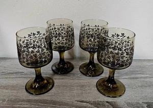Set of 4 Vintage 1970s Libbey Charleston Brown Floral Stem Wine Goblets - Picture 1 of 8