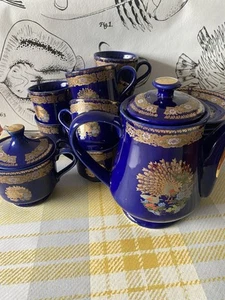 Cobalt Blue Peacock Vintage Floral Porcelain Peacock Tea Set Plates China A.Z.A. - Picture 1 of 8