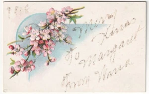Merry Xmas To Margaret, Pink Blossoms, Antique Embossed 1918 Glitter Postcard - Bild 1 von 2