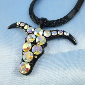 Shiny Longhorn Aurora Borealis Rhinestone Pendant Necklace & Black Mesh Strand - Picture 1 of 8