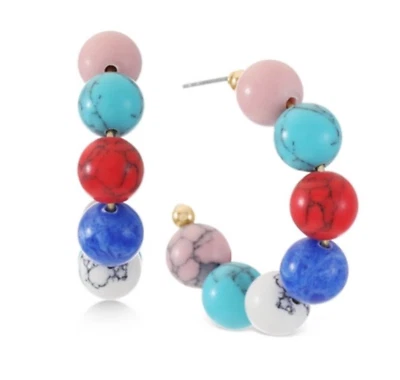 ALFANI GOLD-TONE MULTICOLOR SMALL STONE BEAD C-HOOP 1 1/2" EARRINGS NWT - Image 1 of 4