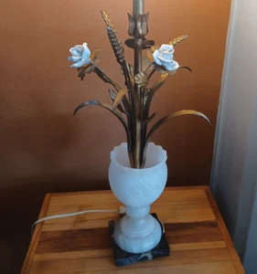 Vtg Italian TOLEWARE Brass Color Floral Tole Table Lamp Milk Glass Marble Vase  - Picture 1 of 22