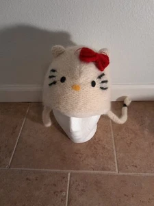 Handmade Hello Kitty Kids White Pink Cable Knit Beanie Pom Hat Cap One Size - Picture 1 of 7