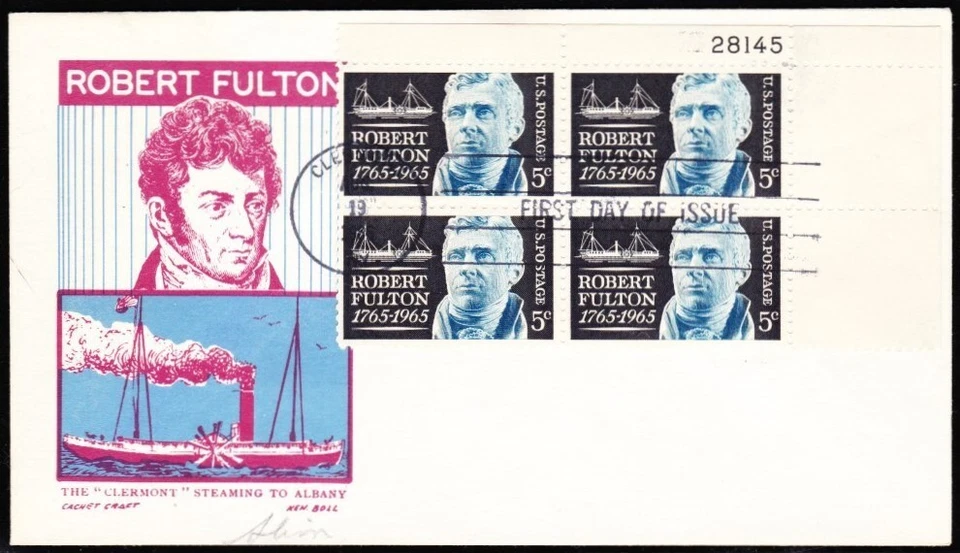 US 1965 Robert Fulton Plate Block  FDC (1270) . Ken Boll Cachet - Image 1 of 1