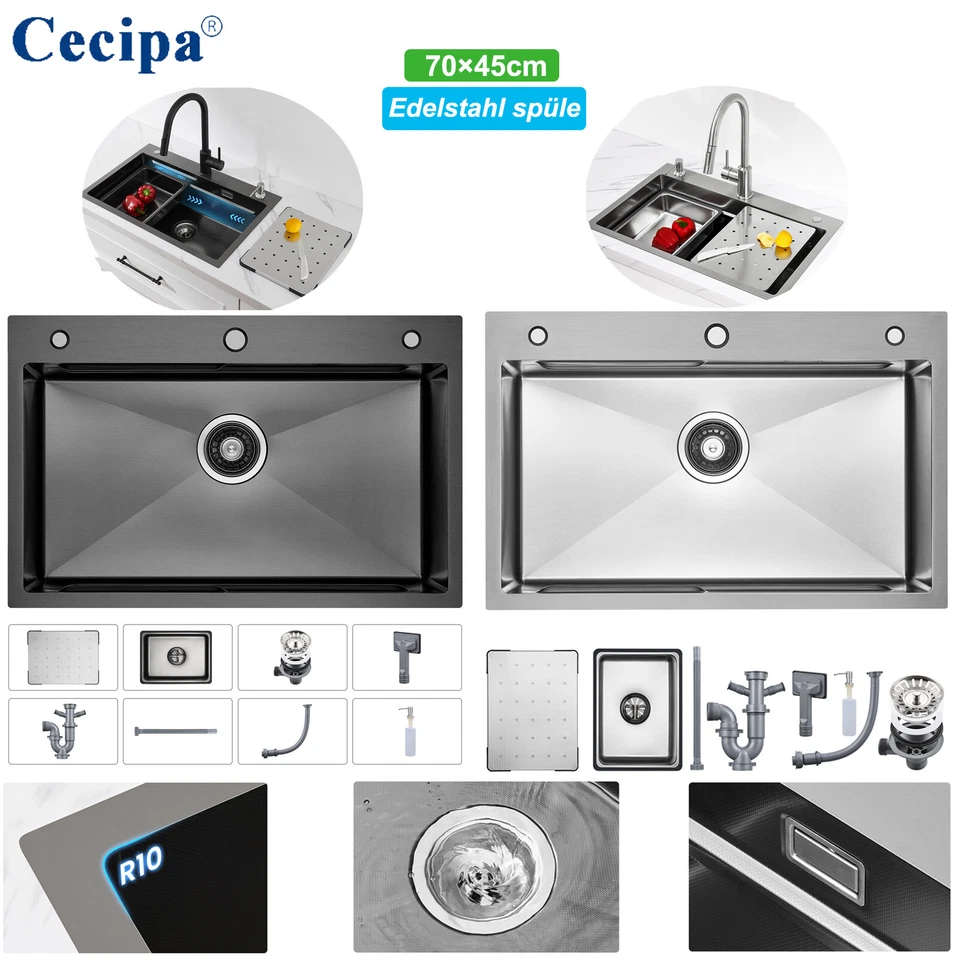 CECIPA MAX Fregadero de cocina de acero inoxidable Fregadero empotrado Fregadero doble Fregadero con escurridor 70x45