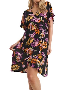 SimplyBe Wrap Skater Dress BLACK TROPICAL Crinkle Sizes 16 to 24 - Picture 1 of 4