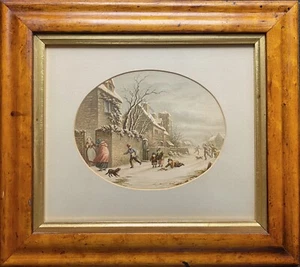 Original Walnut Framed Oval Antique LE BLOND Print Winter Cityscape Children - Picture 1 of 10