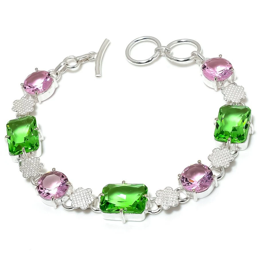 Peridot Kunzite Quartz Gemstone Silver Plated Bracelet Dainty Jewelry 7-9" - Image 1 of 1
