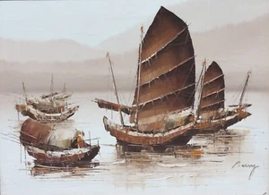 P. Wong, (20. Jahrhundert, asiatische Schule) chinesische Dschunken, Gemälde - Bild 1 von 7