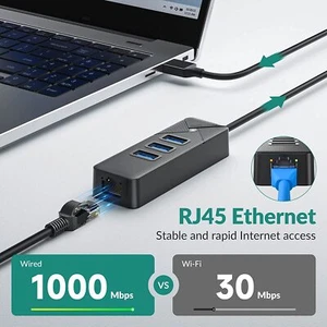 USB C USB A to Ethernet Adapter 3 Ports USB 3.0 Hub Multi Port USB Splitter 50cm - Picture 1 of 10