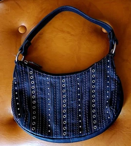 Fossil Black Studded Grommet Shoulder Bag Boho Hobo Biker Grunge Purse - Picture 1 of 7