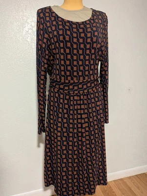 Boden Abigail Brown Blue Geometric Stretch Jersey Midi Dress US 20 22 POCKETS - Image 1 of 4