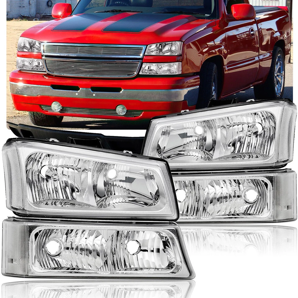 Faros cromados + luces de parachoques de señal para Chevy Silverado 2003 2004 2005 2006 Foto 1 de 4