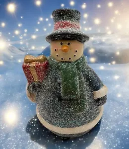 Glittery Snowman Christmas Figurine Holding Gift Winter Decor - Picture 1 of 8
